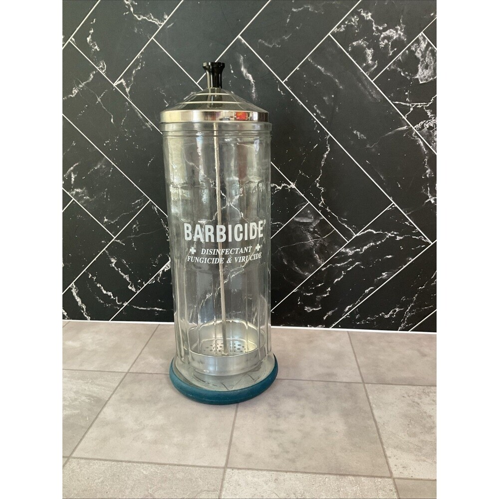 Vintage Kings Barbers Comb Brush Disinfectant Glass Jar Metal Lid  11"